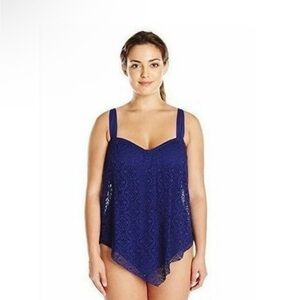 Bleu Rod Beattie Sea It Through Indigo Blue Crochet One Piece Swimsuit Size 16W